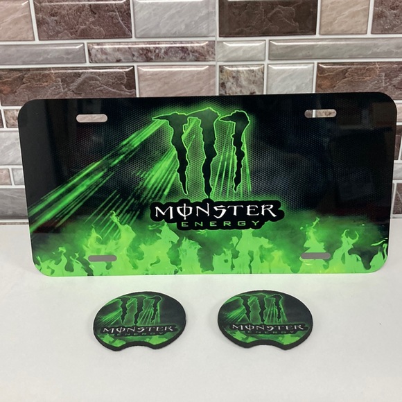 COPY - Monster Energy Logo License Plate With Cup Holder Inserts - Picture 1 of 5